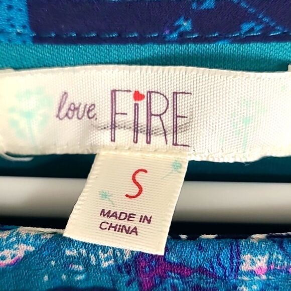 love FIRE Teal, Navy Blue & White Boho Dress, Wide Pleated Longsleeves, Sz Small - Picture 10 of 11